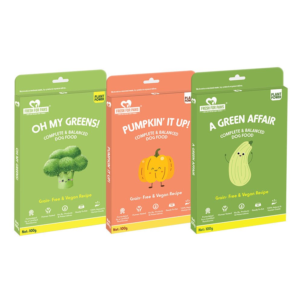 Fresh for Paws' Vegan Range Combo (300gm pack each of - Green Affair, Pumpkin, Oh My Greens) - Wagr Petcare