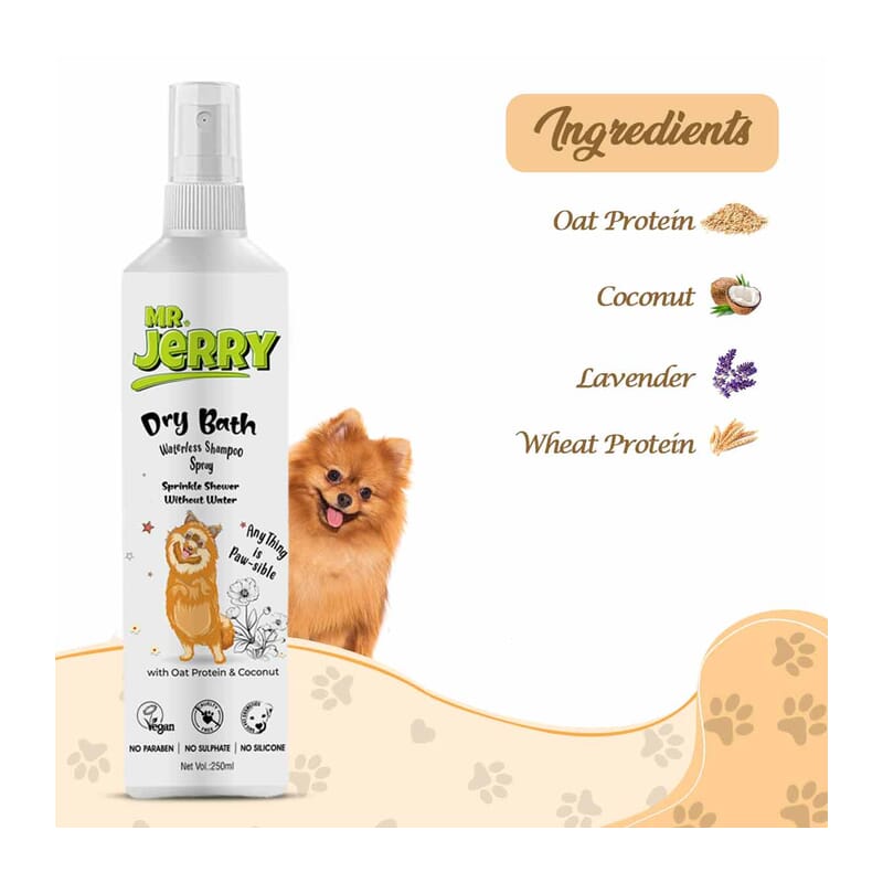 Mr . Jerry Dry Bath Waterless Shampoo for Pets with Oat Protein & Coconuts, 250ml - Wagr Petcare